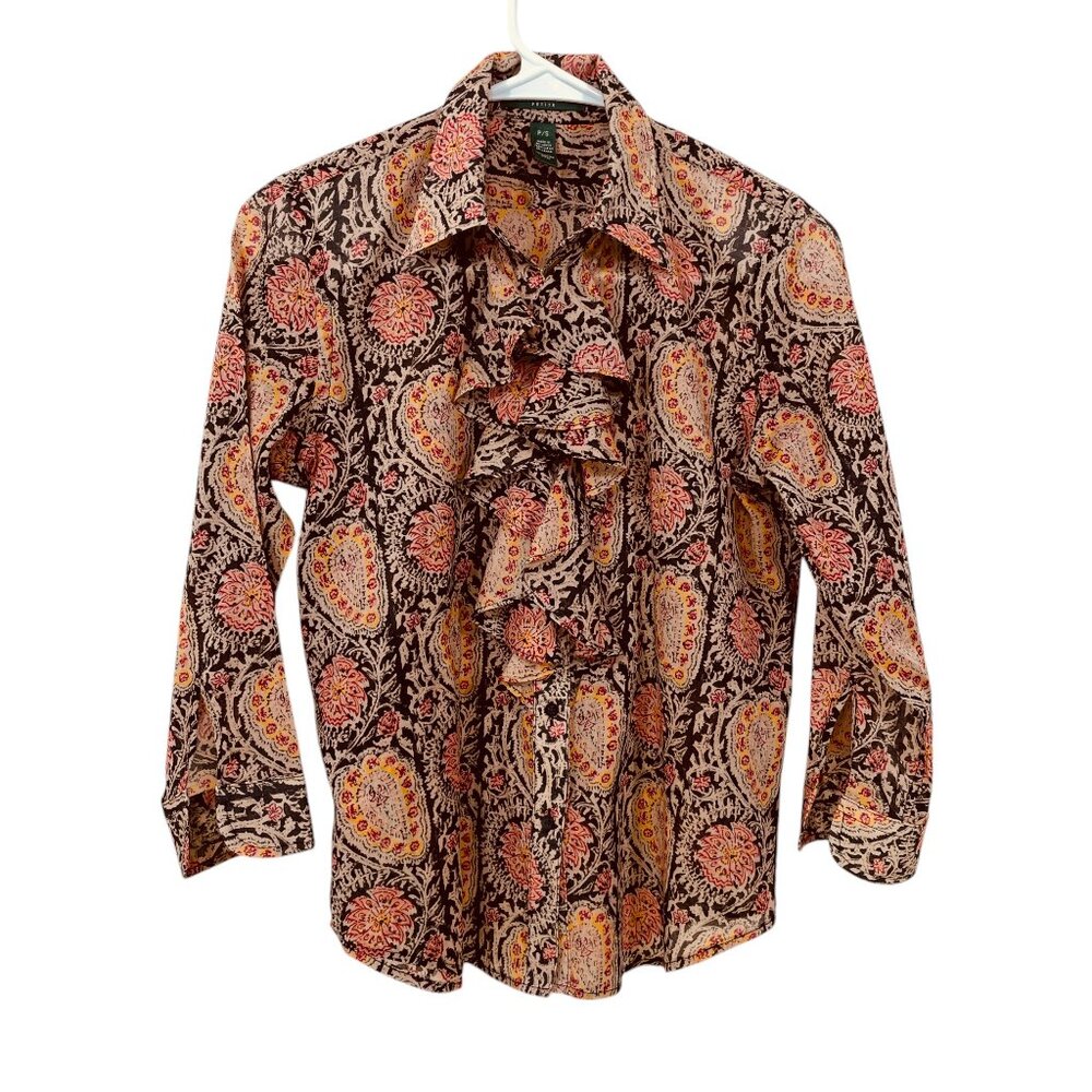 Lauren Ralph Lauren‎ Button Up Ruffle Blouse Petite S Cotton Paisley 3/4 Sleeve